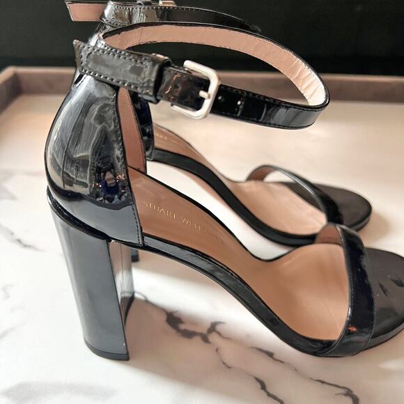 Stuart Weitzman Walkway Black Patent Leather Block Heels Sandals Size 7.5 - Picture 9 of 12